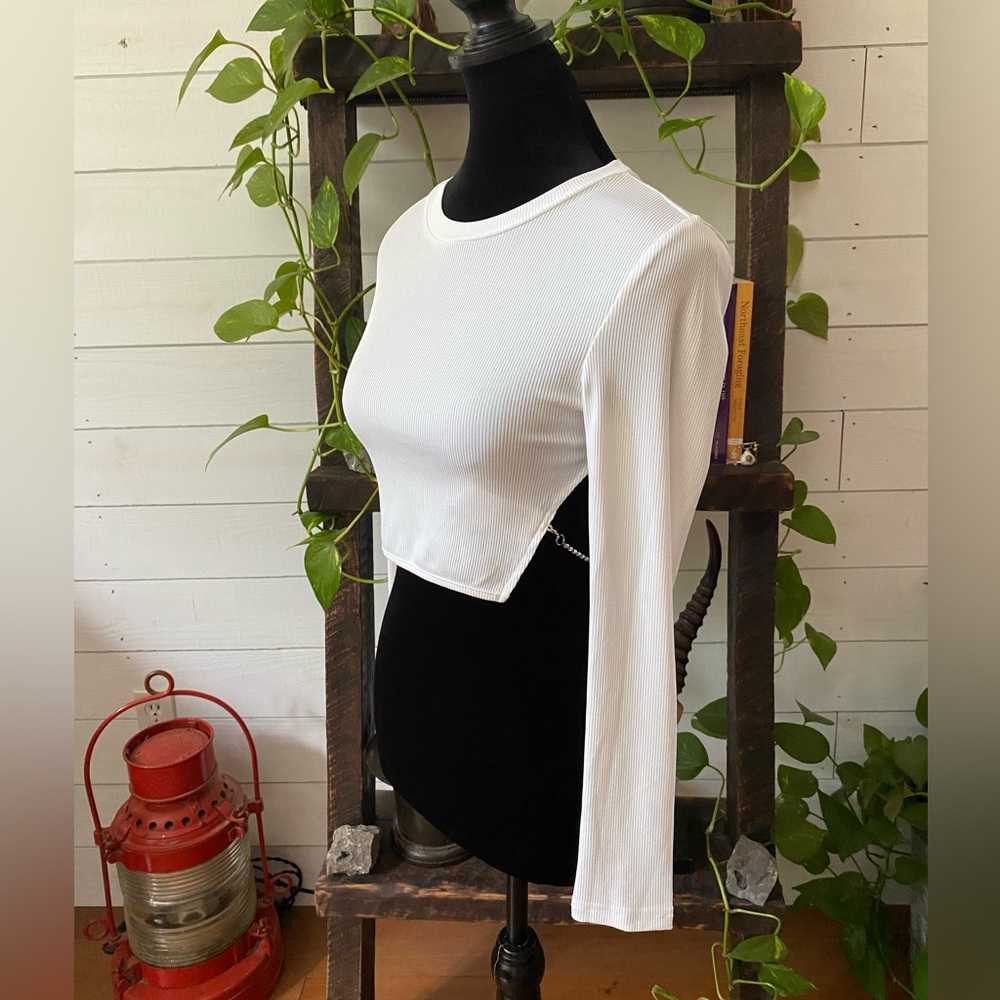White Crop Top with a Crystal Chain Draped across the back